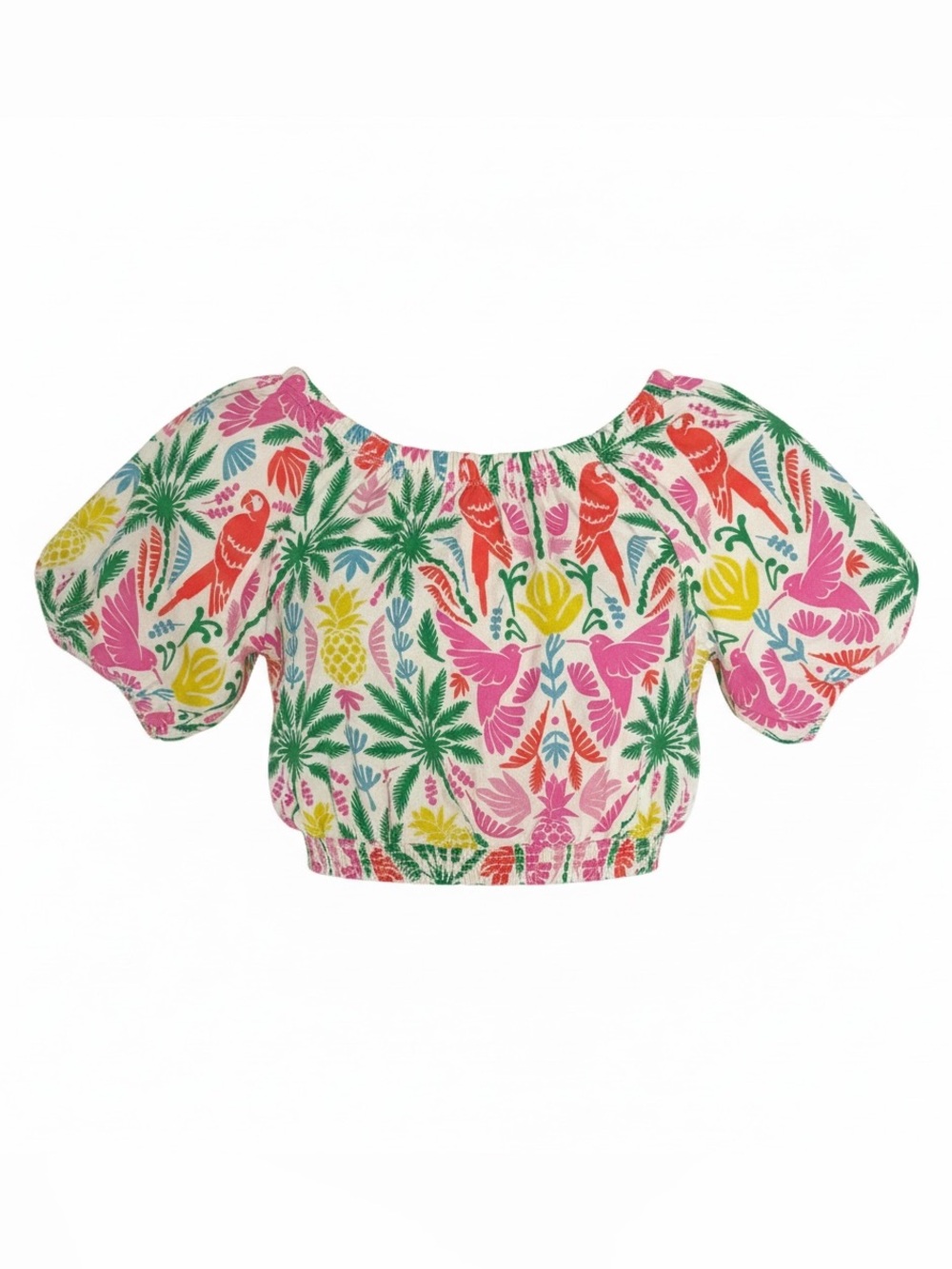 Mini Boden Tropical Birds Puff Sleeve Top Shirt Girls Size 5/6 Smocked Hem NWT